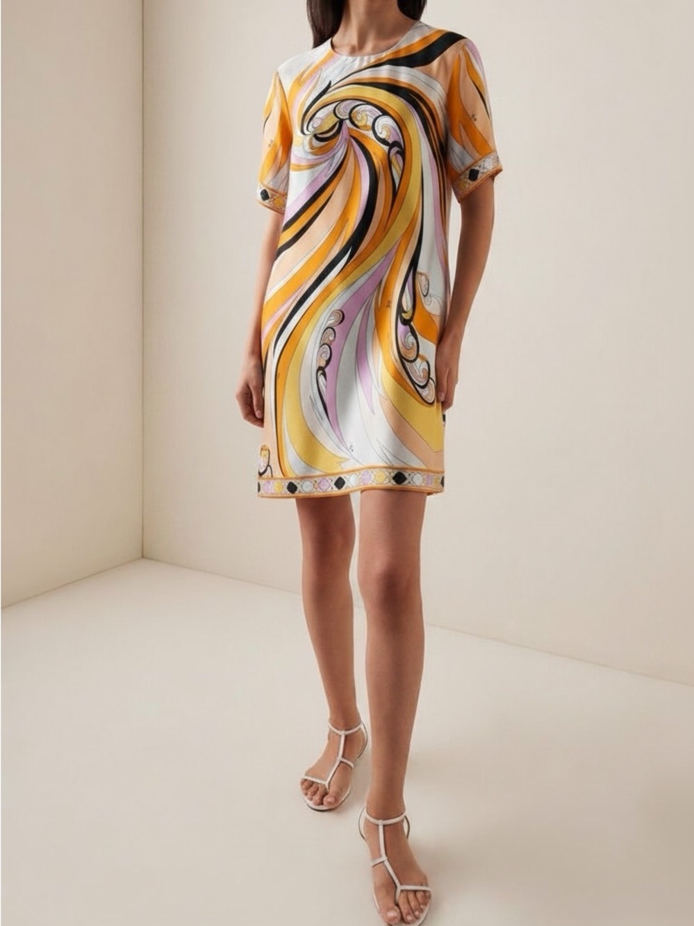 Emilio Pucci 100% Silk Dress in Orange Pink Swirl Famous Signature Print Size 42
